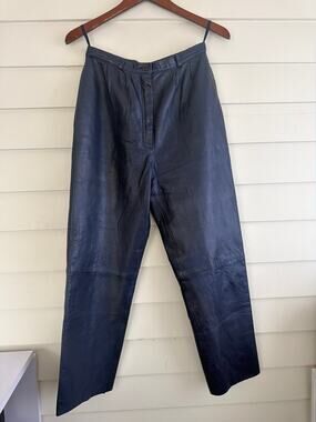 Vintage Navy Blue Leather Trousers Pants Size 26 XS S High Waist 90s Minimalist